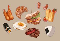 Rule 34 | beige background, bread, bread slice, croissant, egg, egg (food), food, food art, food focus, fried egg, ham, makizushi, meat, no humans, nori (seaweed), omelet, onigiri, original, rice, sandwich, sausage, seaweed, shrimp, shrimp tempura, simple background, sottan (wowo0owow), steak, still life, sushi, tako-san wiener, tamagoyaki, tempura, tomato, toothpick, vegetable