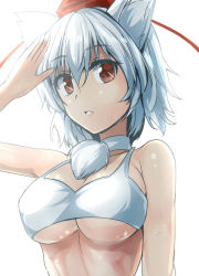 Rule 34 | 1girl, adapted costume, animal ears, bikini, breasts, choker, cleavage, commentary request, eyebrows, female focus, hat, highres, inubashiri momiji, large breasts, parted lips, pom pom (clothes), red eyes, shading eyes, short hair, simple background, solo, sunlight, swimsuit, tokin hat, touhou, underboob, upper body, white background, white bikini, white hair, wolf ears, wolf girl, y2