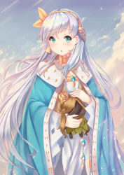 Rule 34 | 1girl, :o, absurdres, anastasia (fate), blue cloak, blue eyes, blue sky, blush, brown hairband, cloak, cloud, commentary request, crown, day, dress, fate/grand order, fate (series), hair between eyes, hair ribbon, hairband, highres, holding, holmemee, light brown hair, long hair, looking at viewer, mini crown, outdoors, parted lips, ribbon, silver hair, sky, solo, very long hair, white dress, yellow ribbon