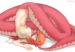Rule 34 | 1girl, blush, breasts, cleavage, commentary, commentary typo, english commentary, fang, hair between eyes, hair ornament, hairclip, highres, lamia, large breasts, long hair, miia (monster musume), monster girl, monster musume no iru nichijou, navel, pointy ears, red hair, scales, shirt, simple background, slit pupils, solo, soveno, tail, tied shirt, twitter username, upside-down, very long hair, white background, yellow eyes