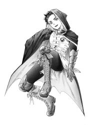 Rule 34 | 1boy, artist request, batman (series), boots, cape, commentary request, damian wayne, dc comics, full body, gauntlets, greyscale, highres, hood, hood up, hooded cape, jjoldi (jjoldi5160), knee boots, knee up, korean commentary, light blush, male focus, monochrome, open mouth, pants, robin (dc), short hair, simple background, solo, spiked hair, superhero costume, teen titans, teeth, upper teeth only, white background
