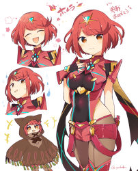 Rule 34 | 1girl, absurdres, bafarin, black gloves, bob cut, breasts, chest jewel, disguised pyra (xenoblade), earrings, fingerless gloves, gloves, highres, jewelry, large breasts, multiple views, nintendo, pantyhose, pantyhose under shorts, pyra (xenoblade), red eyes, red hair, red shorts, red thighhighs, short hair, short shorts, shorts, super smash bros., swept bangs, thighhighs, tiara, xenoblade chronicles (series), xenoblade chronicles 2