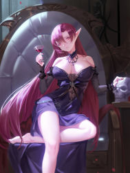 Rule 34 | 1girl, azur lane, bare shoulders, blue eyes, breasts, chair, cleavage, collarbone, cup, detached sleeves, dress, drinking glass, duke of york (azur lane), duke of york (eternal night&#039;s carola) (azur lane), earrings, foot out of frame, gloves, holding, holding cup, jewelry, large breasts, long hair, looking at viewer, official alternate costume, pink hair, pointy ears, red eyes, red hair, sansan (dongfangzhong111), sitting, skull, smile, solo, strapless, strapless dress, thighs, wine glass