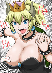 Rule 34 | 1girl, armlet, artist name, bare shoulders, blonde hair, blue eyes, bowsette, bracelet, breast slip, breasts, cameltoe, censored, censored nipples, cleavage, collar, crown, earrings, emphasis lines, english text, eyebrows, fingernails, hair between eyes, highres, horns, jewelry, large breasts, laughing, looking at viewer, mario (series), monster girl, motion lines, new super mario bros. u deluxe, nintendo, no bra, open mouth, ponytail, sharp fingernails, sharp teeth, shell, short hair, smile, solo, spiked armlet, spiked bracelet, spiked collar, spikes, spread legs, standing, strapless, super crown, teeth, text focus, thick eyebrows, thighhighs, tongue, tsurime, underwear, upper body, wardrobe malfunction, yano toshinori