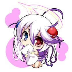 Rule 34 | 1girl, ahoge, blue eyes, blush, bombergirl, chibi, commentary request, demon tail, hair between eyes, hair ornament, halo, heterochromia, holding, holding pillow, long hair, looking at viewer, papuru (bombergirl), peta (taleslove596), pillow, purple hair, red eyes, simple background, solo, swept bangs, tail, tearing up, very long hair