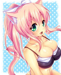Rule 34 | 1girl, :d, animal ears, bare arms, bare shoulders, bikini, black bikini, blue background, bow, breast press, breasts, bursting breasts, cat ears, cat girl, cat tail, cleavage, collarbone, copyright request, eyes visible through hair, fang, green eyes, hair between eyes, hair bow, hair ribbon, high ponytail, large breasts, long hair, looking at viewer, navel, open mouth, original, ponytail, ribbon, sendou hachi, shiny skin, sidelocks, simple background, smile, solo, star (symbol), starry background, strap gap, swimsuit, tail, tight clothes, upper body, white bikini, white bow