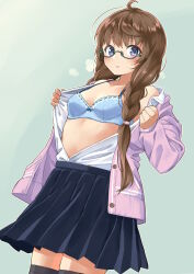Rule 34 | 1girl, ahoge, amemiya sekira, black skirt, black thighhighs, blue bra, blue eyes, blush, bow, bow bra, bra, braid, breasts, brown hair, cardigan, collared shirt, commentary request, dress shirt, glasses, green-framed eyewear, grey background, hair over shoulder, highres, long hair, long sleeves, looking at viewer, low twintails, open clothes, open shirt, original, parted lips, pink cardigan, pleated skirt, puffy long sleeves, puffy sleeves, sekira ame, semi-rimless eyewear, shirt, skindentation, skirt, sleeves past wrists, small breasts, solo, standing, sweat, thighhighs, twin braids, twintails, under-rim eyewear, underwear, very long hair, white shirt