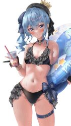 Rule 34 | 1girl, absent, absurdres, beret, bikini, black bikini, blue choker, blue eyes, blue hair, blush, breasts, choker, closed mouth, crown, cup, disposable cup, drinking straw, frilled bikini, frills, gloves, gluteal fold, groin, hat, highres, holding, holding cup, holding swim ring, hololive, hoshimachi suisei, innertube, looking at viewer, mini crown, navel, partially fingerless gloves, plaid, side ponytail, simple background, small breasts, smile, solo, star (symbol), star choker, stomach, swim ring, swimsuit, thigh strap, thighs, virtual youtuber, wet, white background