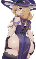 Rule 34 | 1girl, artist request, ass, ass grab, ass support, bare shoulders, blush, breasts, brown hair, capelet, come hither, deep skin, dress, flower, from behind, from below, genshin impact, gloves, green eyes, hair flower, hair ornament, hat, highres, huge ass, large breasts, lisa (genshin impact), long hair, looking at viewer, lycoris (lyc0riss), naughty face, parted lips, purple capelet, purple hat, shiny skin, sideboob, simple background, smile, solo, thighhighs, white background