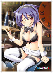 Rule 34 | 1girl, ;q, alcohol, apron, arm support, bare shoulders, blue hair, blush, bottle, bow, bow bra, bowtie, bra, breasts, cleavage, clock, cymbals, deardrops, drum, drum set, fujimaru (bluebrand), glass, hairband, highres, instrument, lace, lace-trimmed legwear, lace trim, large breasts, lingerie, miniskirt, navel, official art, one eye closed, red eyes, short hair, sitting, skirt, smile, solo, tamano rimu, thighhighs, tongue, tongue out, tray, underwear, waist apron, waitress, white thighhighs, wine, wink, wrist cuffs, zettai ryouiki