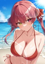 Rule 34 | 1girl, absurdres, breasts, cleavage, highres, hololive, houshou marine, jjetotwt, large breasts, looking at viewer, outdoors, red eyes, red hair, smile, solo, swimsuit, twintails, virtual youtuber, yellow eyes