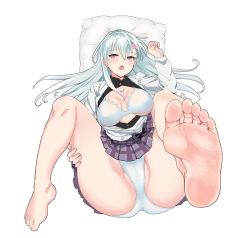Rule 34 | 1girl, absurdres, barefoot, blue hair, blush, bra, feet, highres, light blue hair, long hair, looking at viewer, lying, open clothes, open mouth, open shirt, panties, pillow, pink eyes, skirt, soles, toes, transparent background, underwear
