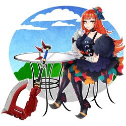 Rule 34 | 1girl, absurdres, aqua eyeshadow, axe, bandaged arm, bandaged hand, bandages, black dress, cup, dress, eyeliner, eyeshadow, fire emblem, fire emblem fates, fur sleeves, highres, holding, holding plate, kyhsoren, looking at viewer, makeup, nintendo, orange hair, panette (fire emblem), plate, red eyeliner, short bangs, solo, stitched mouth, stitches, table, teacup, yellow eyes