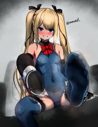 Rule 34 | 1girl, absurdres, blonde hair, blue eyes, blue thighhighs, blush, dead or alive, feet, grin, highres, leotard, long hair, looking at viewer, marie rose, namukot, shoes, single shoe, smile, soles, steam, thighhighs, twintails, unworn shoes