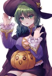 Rule 34 | 1girl, alternate costume, asymmetrical hair, breasts, cape, cleavage, covered erect nipples, frills, green eyes, green hair, halloween bucket, hat, highres, jack-o&#039;-lantern, large breasts, looking at viewer, open mouth, pumpkin, purple hat, shiki eiki, sitting, smile, solo, touhou, unime seaflower, white background, witch hat