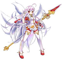 Rule 34 | 1girl, ahoge, albino, angry, ara haan, ara haan (celestial fox), ara han, blush, detached sleeves, elsword, fox tail, frills, full body, little hsien (elsword), long hair, looking at viewer, multicolored hair, multiple tails, official art, pink hair, polearm, red eyes, red footwear, sando (dukedevil), shirt, shoes, shorts, sleeveless, sleeveless shirt, solo, spear, standing, tail, thighhighs, transparent background, very long hair, weapon, white background, white hair, white shirt, white thighhighs