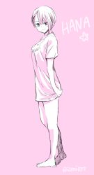 Rule 34 | 1girl, :&gt;, bare legs, barefoot, character name, full body, hana (mieruko-chan), highres, izumi (toubun kata), looking at viewer, looking to the side, mieruko-chan, monochrome, pink background, shirt, short hair, short sleeves, simple background, standing, twitter username, yurikawa hana