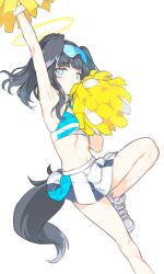 Rule 34 | 1girl, animal ears, arm up, armpits, black hair, black tail, blue archive, breasts, cheerleader, covered mouth, dog ears, dog girl, dog tail, haimura kiyotaka, halo, hibiki (blue archive), hibiki (cheer squad) (blue archive), highres, knee up, looking at viewer, medium hair, millennium cheerleader outfit (blue archive), navel, ponytail, shoes, simple background, skirt, small breasts, sneakers, solo, tail, white background, white footwear, white skirt