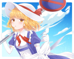 Rule 34 | 1girl, animal, bird, bird on hand, blonde hair, blue dress, blush, border, breasts, center frills, collared shirt, commentary request, dress, elbow gloves, frilled dress, frills, gloves, hat, hat ribbon, highres, holding, holding animal, holding sign, kana anaberal, medium hair, milll 77, neck ribbon, no parking sign, open mouth, parted lips, puffy short sleeves, puffy sleeves, red ribbon, ribbon, road sign, shirt, short sleeves, sign, small breasts, solo, sun hat, touhou, touhou (pc-98), wavy hair, white border, white gloves, white hat, white shirt, yellow eyes
