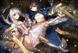 Rule 34 | 2girls, alternate hairstyle, armor, armored boots, armored dress, artoria pendragon (all), artoria pendragon (fate), black background, black hair, black ribbon, blue ribbon, blush, boots, chocoan, closed mouth, cosplay, detached sleeves, excalibur (fate/stay night), fate/kaleid liner prisma illya, fate/stay night, fate/unlimited codes, fate (series), flat chest, gauntlets, hair ornament, hair ribbon, hairclip, holding hands, illyasviel von einzbern, long hair, magical girl, miyu edelfelt, multiple girls, ponytail, prisma illya, red eyes, revision, ribbon, saber (fate), saber (fate) (cosplay), saber lily, saber lily (cosplay), smile, sparkle, sword, weapon, yellow eyes