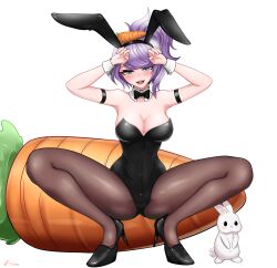 Rule 34 | 1girl, absurdres, alternate costume, animal, animal ears, arms up, bare shoulders, black bow, black bowtie, black footwear, black leotard, blue eyes, blush, bow, bowtie, breasts, brown pantyhose, carrot, collar, detached collar, fake animal ears, female focus, half-closed eyes, high heels, high ponytail, highres, kimofest, knees up, large breasts, league of legends, leotard, lipstick, makeup, open mouth, pantyhose, pink hair, playboy bunny, ponytail, quinn (league of legends), rabbit, rabbit ears, rabbit pose, short hair, short ponytail, simple background, smile, solo focus, spread legs, squatting, teeth, white background, white collar, white wristband, wristband