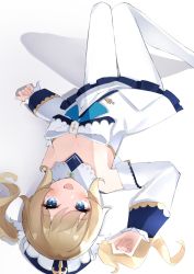 Rule 34 | 1girl, :d, arm up, barbara (genshin impact), bare shoulders, blonde hair, blue eyes, blue headwear, blush, bow, breasts, cleavage, detached collar, detached sleeves, dress, feet out of frame, frilled dress, frills, genshin impact, highres, long hair, long sleeves, looking at viewer, looking back, lying, on back, open mouth, pantyhose, simple background, small breasts, smile, solo, teku x2, thigh gap, twintails, upside-down, white background, white bow, white dress, white pantyhose
