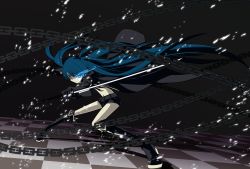 Rule 34 | 10s, 1girl, black rock shooter, black rock shooter (character), blue eyes, blue hair, boots, chain, glowing, glowing eyes, highres, jacket, long hair, matching hair/eyes, midriff, shorts, solo, sword, tani takeshi, tanitakeshi, twintails, uneven twintails, very long hair, weapon