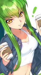 Rule 34 | 1girl, c.c., code geass, coffee cup, creayus, cup, disposable cup, green hair, jacket, long hair, looking at viewer, midriff, open clothes, open jacket, smile, solo, tank top, yellow eyes