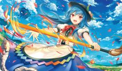 Rule 34 | 1girl, :d, black hat, blue hair, blue skirt, blush, cloud, cloudy sky, day, fire, floating hair, floating island, food, from below, fruit, hair between eyes, hat, highres, hinanawi tenshi, holding, kikugetsu, long hair, long skirt, looking at viewer, open mouth, outdoors, peach, petals, red eyes, shirt, skirt, sky, smile, solo, standing, touhou, v-shaped eyebrows, white shirt