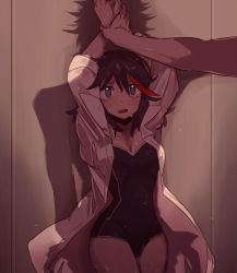 Rule 34 | 10s, 1boy, 1girl, against wall, alternate costume, arms up, bad id, bad pixiv id, bdsm, black hair, blue eyes, blush, bondage, bound, bound wrists, breasts, cleavage, coat, couple, holding another&#039;s wrist, kill la kill, lab coat, looking up, manly, matoi ryuuko, mikisugi aikurou, multicolored hair, one-piece swimsuit, open mouth, red hair, restrained, shadow, short hair, solo focus, suzuen, swimsuit, swimsuit under clothes, two-tone hair, wet, wet clothes, you gonna get raped