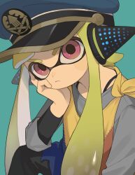 Rule 34 | 1girl, agent 3 (splatoon), black pants, blue background, blue hat, blush stickers, bra strap, cloak, closed mouth, commentary request, frown, green hair, grey shirt, hand on own cheek, hand on own face, hat, head rest, headphones, highres, inkling, kyaiware, layered shirt, long hair, long sleeves, military hat, multicolored clothes, nintendo, pants, peaked cap, red eyes, shirt, simple background, solo, splatoon (series), splatoon 3, tentacle hair, thick eyebrows, torn cloak, torn clothes, twintails, upper body, v-shaped eyebrows