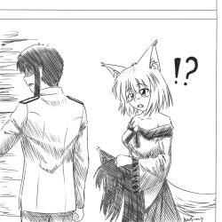 Rule 34 | !, !?, 1boy, 1girl, ?, animal ears, bare shoulders, breasts, brooch, brown hair, bwsnowy, collarbone, cosplay, deviantart thumbnail, dress, epaulettes, fang, gem, greyscale, hand fan, hidden eyes, imaizumi kagerou, imaizumi kagerou (cosplay), inubashiri momiji, jewelry, long hair, medium breasts, military, military uniform, monochrome, off-shoulder shirt, off shoulder, open mouth, shaded face, shirt, short hair, sidelocks, silver hair, simple background, tail, tooth, touhou, uniform, white background, wig, wolf ears, wolf tail