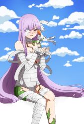 Rule 34 | 2girls, absurdly long hair, bandage over one eye, bandaged arm, bandaged head, bandaged leg, bandages, fate/extra, fate/extra ccc, fate/grand order, fate (series), flower, fujimaru ritsuka (female), fujimaru ritsuka (female) (decisive battle chaldea uniform), giant, giantess, half-closed eyes, highres, kingprotea (fate), lily (flower), long hair, moss, multiple girls, naked bandage, official alternate costume, oiun, orange hair, purple eyes, purple hair, ribbon, smile, very long hair, white ribbon