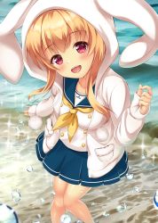 Rule 34 | 1girl, :d, absurdres, animal hood, bad id, bad twitter id, battle girl high school, beach, blonde hair, blush, breasts, bubble, day, from above, head tilt, highres, hood, knees together feet apart, long sleeves, looking at viewer, medium breasts, neckerchief, ocean, open mouth, outdoors, pinching sleeves, pleated skirt, pom pom (clothes), rabbit hood, red eyes, sand, school uniform, serafuku, sidelocks, skirt, smile, solo, sparkle, watagi michelle, water drop, yellow neckerchief, yuririn poi