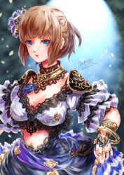 Rule 34 | 1girl, 2021, adventurer (ff11), artist name, blue eyes, blue flower, blue rose, blue skirt, bracelet, breasts, brown hair, circlet, cleavage, closed mouth, dancer (final fantasy), dated, final fantasy, final fantasy xi, fingernails, flower, gold, hair flower, hair ornament, highres, hume, jewelry, medium breasts, morere, nail polish, navel, neck ring, pink lips, purple nails, rose, shirt, short hair, signature, skirt, solo, twitter username, white shirt