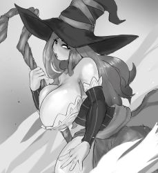 Rule 34 | 1girl, areola slip, bare shoulders, breasts, detached sleeves, dragon&#039;s crown, from side, greyscale, hat, holding, holding staff, huge breasts, long hair, looking at viewer, looking to the side, monochrome, solo, sorceress (dragon&#039;s crown), staff, thick thighs, thighs, vitallic, witch, witch hat