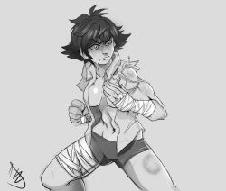 Rule 34 | 1girl, absurdres, andava, bandages, bike shorts, breasts, bruise, capcom, clenched hand, commission, fighting stance, furrowed brow, greyscale, hand wraps, highres, injury, makoto (street fighter), monochrome, muscular, navel, no bra, open clothes, open shirt, shirt, short hair, sideboob, solo, street fighter, sweat, tomboy, toned, torn clothes, torn shirt, wrist wrap