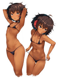 Rule 34 | 1girl, ahoge, armband, armpits, arms up, bare arms, bare shoulders, bikini, black bikini, blush, borrowed character, breasts, brown eyes, brown hair, collarbone, commentary request, curled horns, hair between eyes, head tilt, horns, lifted by self, looking away, looking to the side, multiple views, nakatokung, navel, original, parted lips, small breasts, strap lift, swimsuit, tan, wading, water, white background