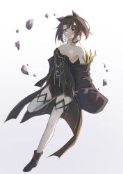 Rule 34 | 1girl, absurdres, animal ears, arknights, bare shoulders, black choker, black dress, black eyes, black footwear, black hair, black jacket, boots, breasts, cat ears, chinese commentary, choker, cleavage, commentary request, dress, gradient background, grey background, highres, jacket, long sleeves, looking at viewer, mandragora (arknights), medium breasts, microdress, mr yue jian, off shoulder, open clothes, open jacket, partial commentary, short hair, solo, strapless, strapless dress, thighhighs, white background, white thighhighs, wide sleeves