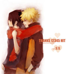 Rule 34 | 2boys, artist request, black hair, blonde hair, closed eyes, facial mark, gradient background, hands in pockets, heart, jacket, long sleeves, male focus, multiple boys, naruto, naruto (series), red scarf, scarf, shared clothes, shared scarf, short hair, simple background, spiked hair, sweater, thank you, uchiha sasuke, upper body, uzumaki naruto, watermark, web address, whisker markings, white background, yaoi