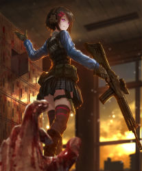Rule 34 | 1girl, belt pouch, black gloves, black hair, black skirt, black thighhighs, blood, blood on hands, blue jacket, blurry, blurry background, bulletproof vest, commentary request, copyright request, dagger, dying, ear protection, getabako, gloves, glowing, glowing eyes, gun, hair ornament, hairclip, highres, holding, holding gun, holding weapon, indoors, jacket, knife, long sleeves, looking back, miniskirt, muzzle device, plaid, plaid skirt, pleated skirt, pouch, pov, pov hands, purple eyes, rifle, school, school shooting, scope, shaded face, short hair, skirt, smile, sniper rifle, solo focus, thigh strap, thighhighs, tom-neko (zamudo akiyuki), track jacket, trigger discipline, waving, weapon, weapon request