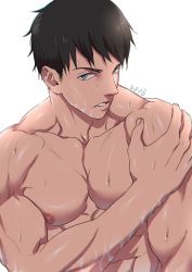 Rule 34 | 1boy, artist name, bara, black hair, blue eyes, free!, hand on own arm, highres, large pectorals, looking at viewer, male focus, muscular, muscular male, nipples, pectorals, short hair, solo, suyohara, upper body, wet, wet face, wet hair, white background, yamazaki sousuke