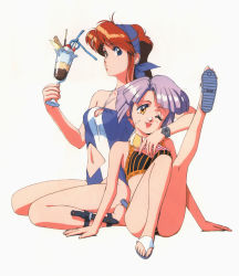 Rule 34 | 1980s (style), 2girls, ;p, android, bikini, blue eyes, breasts, casual one-piece swimsuit, catty, cherry, cleavage, cleavage cutout, clothing cutout, dessert, drinking straw, feet, flat chest, food, fruit, gall force, hairband, halterneck, highres, hug, hug from behind, ice cream, kneeling, knife, leg up, legs, long hair, long legs, messy, multiple girls, navel, oldschool, one-piece swimsuit, one eye closed, pocky, purple hair, red hair, retro artstyle, sandals, sandy newman, sheath, short hair, simple background, sitting, sonoda ken&#039;ichi, striped bikini, striped clothes, swimsuit, tongue, tongue out, watch, wink, wristwatch, yellow eyes