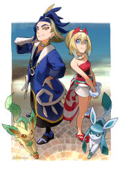 Rule 34 | 1boy, 1girl, adaman (pokemon), arm wrap, bare shoulders, blonde hair, blue eyes, blue hair, brown eyes, commentary request, creatures (company), earrings, eyebrow cut, full body, game freak, gen 4 pokemon, glaceon, hand on own hip, highres, irida (pokemon), jewelry, leafeon, looking at viewer, nintendo, nrmya, pokemon, pokemon (creature), pokemon legends: arceus, sash, single earring, smile, waist cape, wrist cuffs