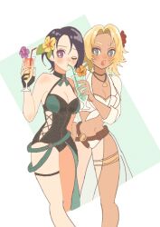 Rule 34 | 2girls, bikini, black one-piece swimsuit, blonde hair, blue hair, breasts, catherine (fire emblem), catherine (summer) (fire emblem), chimney (chimney0311), cleavage, commentary request, cup, dark skin, drinking straw, fire emblem, fire emblem: three houses, fire emblem heroes, flower, hair flower, hair ornament, highres, holding, holding cup, looking at viewer, medium breasts, multiple girls, nintendo, official alternate costume, one-piece swimsuit, one eye closed, open mouth, ponytail, sarong, shamir nevrand, shamir nevrand (summer), swimsuit, walking, white bikini, white sarong