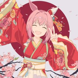 Rule 34 | 1girl, animal ears, arm up, blush, branch, cherry blossoms, closed eyes, facing viewer, floral print, hair intakes, hakama, hand up, haru urara (first urara saku sakura) (umamusume), haru urara (umamusume), hip vent, horse ears, japanese clothes, kimono, ligne claire, long sleeves, obi, open mouth, petals, pink hair, sash, short hair, smile, solo, two-tone background, umamusume, upper body, v, wide sleeves, yu yin