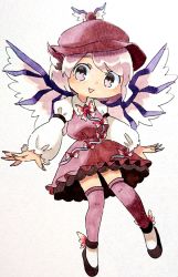 Rule 34 | 1girl, :d, animal ears, bird ears, black footwear, character name, dress, fingernails, flying sweatdrops, full body, hat, head tilt, highres, juliet sleeves, long sleeves, looking at viewer, marker (medium), mystia lorelei, open mouth, parted lips, puffy sleeves, purple dress, purple eyes, purple hair, purple socks, red hat, sasa kichi, sharp fingernails, shoes, short hair, smile, socks, solo, thighhighs, touhou, traditional media, triangle mouth, white socks, wings, zettai ryouiki