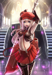 Rule 34 | 10s, 1girl, alisa ilinichina amiella, armpits, arms up, bad id, bad pixiv id, blue eyes, boots, breasts, cabbie hat, elbow gloves, fingerless gloves, gloves, god eater, god eater burst, hat, long hair, navel, off shoulder, open mouth, pale skin, pantyhose, plaid, plaid skirt, skirt, solo, stairs, suspender skirt, suspenders, sword, thigh boots, thighhighs, underboob, weapon, white hair, yazuwo