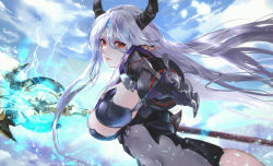 Rule 34 | 1girl, armor, bodysuit, breasts, claws, cloud, covered navel, electricity, epic seven, forehead jewel, gauntlets, highres, horns, large breasts, long hair, looking at viewer, luna (epic seven), mountain, outstretched hand, polearm, red eyes, sidelocks, silver hair, sky, solo, spear, vardan, weapon