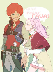 Rule 34 | 10s, 1boy, 1girl, afro, amira (shingeki no bahamut), arm support, armor, boots, favaro leone, fujino ko, green eyes, jewelry, long hair, necklace, pink hair, purple eyes, red hair, scar, shingeki no bahamut, shingeki no bahamut: genesis, short hair, shorts, smile, sword, twintails, weapon